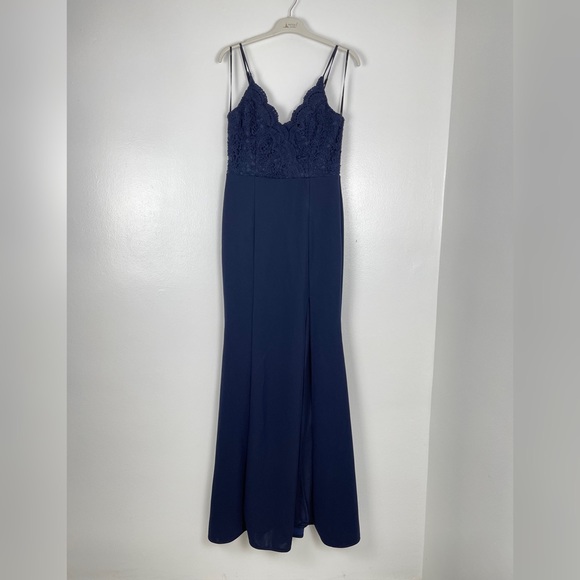 Lulu’s Navy Blue Leandra Maxi Crochet Side Slit Formal Dress size Small - Picture 2 of 13